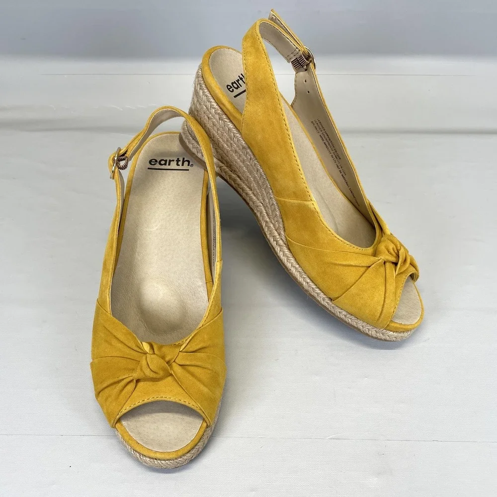 Earth Thara Bermuda Espadrille Wedge Sandals Womens Size 7 Yellow Slingback Shoe